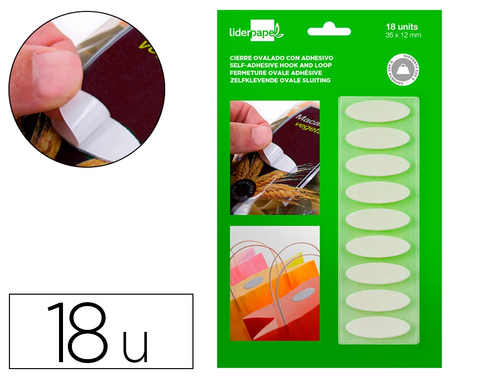 [168806] Velcro autoadhesivo ovalado liderpapel blanco 35x12 mm blister de 18 unidades