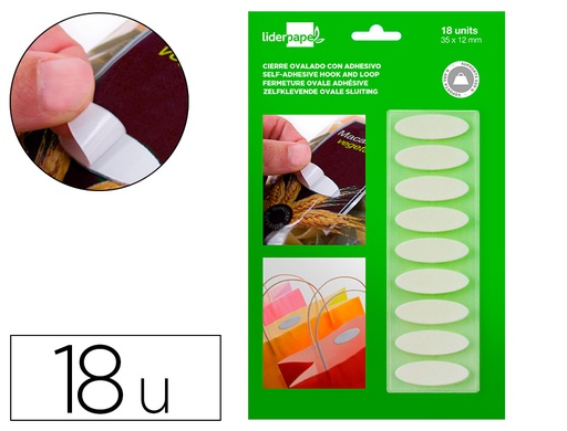 [168806] Velcro autoadhesivo ovalado liderpapel quita y pon blanco 35x12 mm blister de 18 unidades