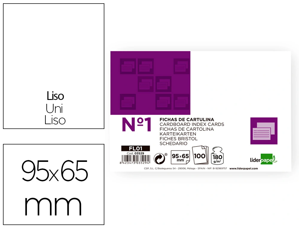 [3529] Ficha liderpapel lisa nº1 65x95mm 180gr paquete de 100 unidades