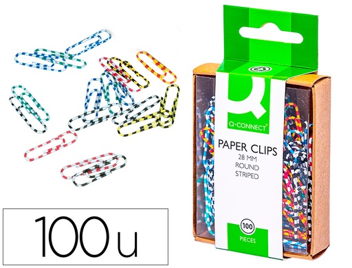 [28727] Clips colores rayados q-connect 28 mm caja de 100 unidades colores surtidos