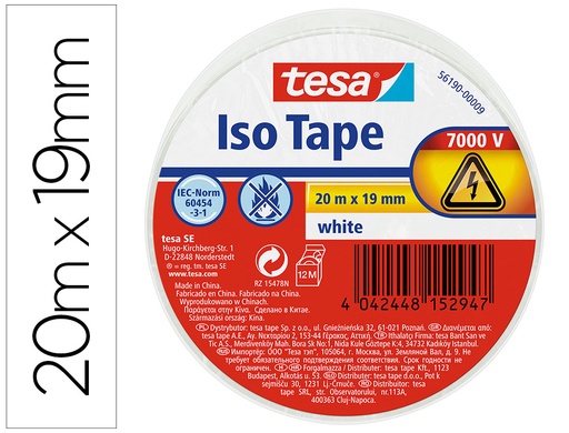 [160536] Cinta adhesiva aislante tesa 20 mt x 19 mm color blanco