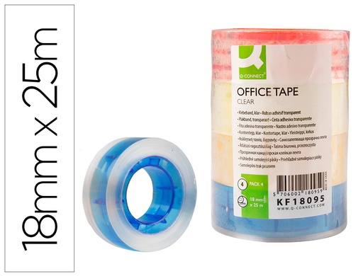 [154696] Cinta adhesiva q-connect transparente 25 mt x 18 mm con madril de color pack de 4 unidades