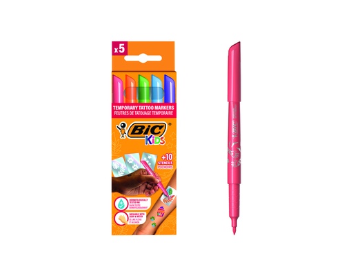 [170841] Rotulador bic kids tattoo caja de 5 unidades colores surtidos + 10 plantillas