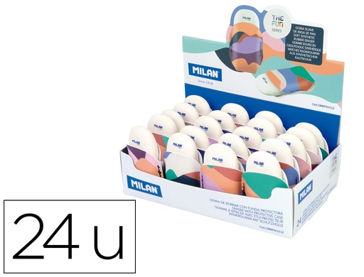 [167305] Goma de borrar milan the fun ovalada con funda caja de 24 unidades colores surtidos