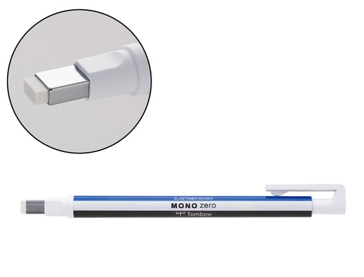 [157150] Portagomas tombow mono zero con clip goma rectangular 2,5 x 5 mm color blanco azul y negro