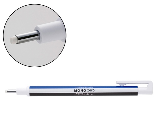 [154645] Portagomas tombow mono zero con clip goma redonda 2,3 mm diametro color azul blanco y negro