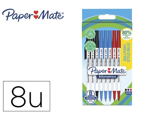 [171019] Boligrafo paper mate kilometrico punta 1 mm plastico reciclado 80% blister de 3 negros / 3