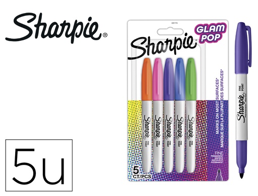 [171016] Rotulador sharpie permanente fino glam pop blister de 5 unidades colores surtidos