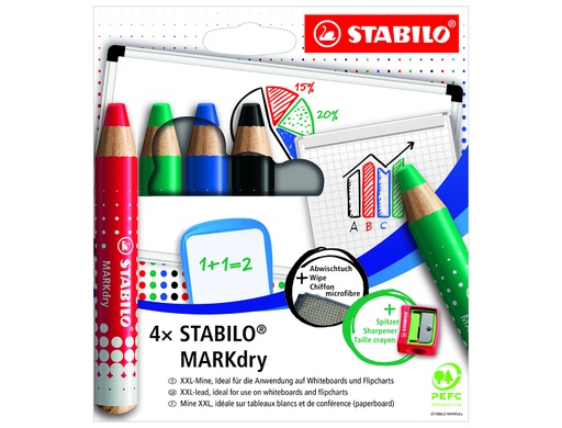 [170903] Lapiz marcador en seco stabilo markdry para pizarra blanca estuche de 4 unidades colores surtidos