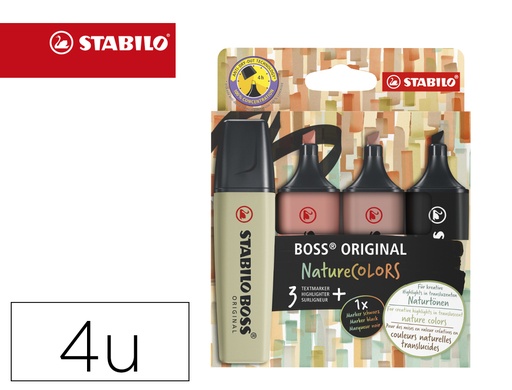 [169638] Rotulador stabilo boss pastel fluorescente nature 70 colors estuche de 4 unidades colores surtidos