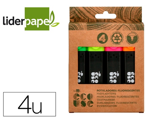 [166140] Rotulador liderpapel ecouse fluorescente fabricado con 68% plastico reciclado caja de 4 unidades colores surtidos
