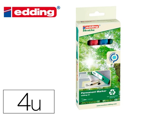 [164492] Rotulador edding 21 marcador permanente ecoline 90% reciclado bolsa 4 colores surtidos punta redonda 1,5-3