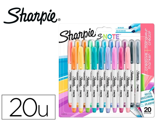 [163629] Rotulador sharpie permanente s-note punta biselada trazo 1,2 /3,87 mm blister 20 unidades colores surtidos