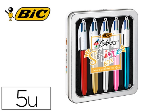 [163326] Boligrafo bic cuatro colores shine box caja metalica 5 unidades surtidas