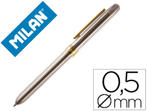 [162826] Boligrafo milan multifuncion cromado adornos dorados azul/rojo/portaminas 0,5 mm/ goma de borrar en caja metal
