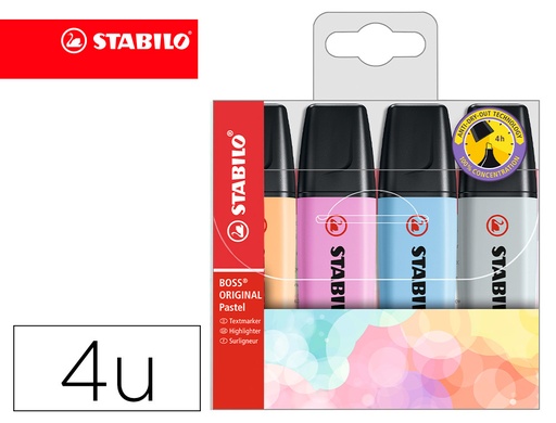 [161919] Rotulador stabilo boss fluorescente 70 pastel estuche de 4 unidades colores