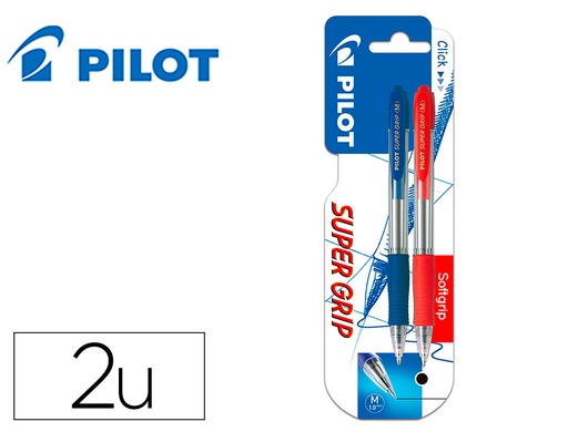 [161348] Boligrafo pilot super grip retractil sujecion de caucho tinta base de aceite en blister 1 azul + 1 rojo