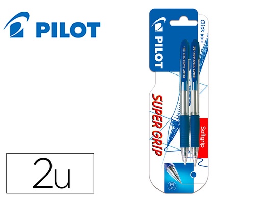 [161347] Boligrafo pilot super grip azul retractil sujecion de caucho tinta base de aceite en blister de 2 unidades