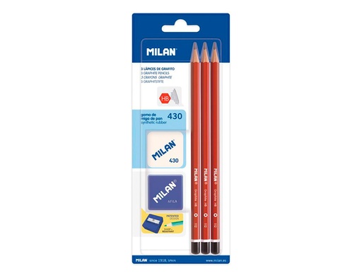 [161340] Lapices de grafito milan hexagonal hb + goma 430 + afilalapiz blister de 3 unidades