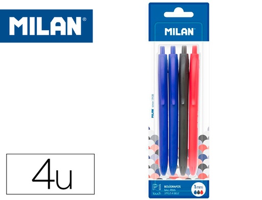 [161337] Boligrafo milan p1 retractil 1 mm touch blister de 4 unidades colores surtidos