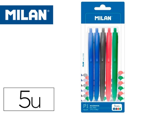 [161335] Boligrafo milan p1 retractil 1 mm touch blister de 5 unidades colores surtidos