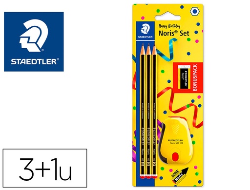 [159986] Lapices de grafito staedtler noris n.2 hb blister promocional 120 anivers de 3 uds + afilalapiz con deposito