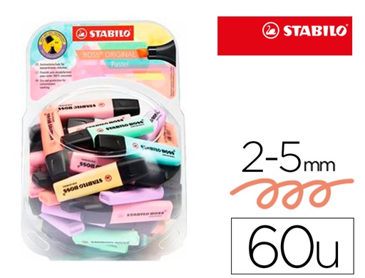 [156910] Rotulador stabilo boss fluorescente 70 pastel expositor bombonera de 60 unidades colores surtidos