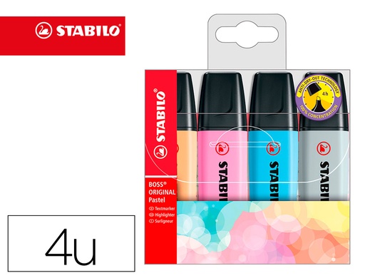 [156907] Rotulador stabilo boss fluorescente 70 pastel estuche de 4 unidades colores surtidos