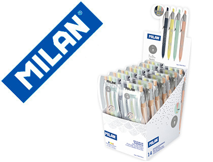 [155373] Boligrafo milan p1 silver expositor de 14 unidades retractil 1 mm estuche de 4 unidades colores surtidos