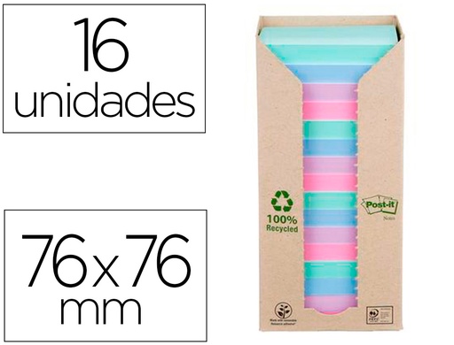 [166588] Bloc de notas adhesivas quita y pon post-it 76x76 mm 100% reciclado pefc en torre pack de 16 unidades colores