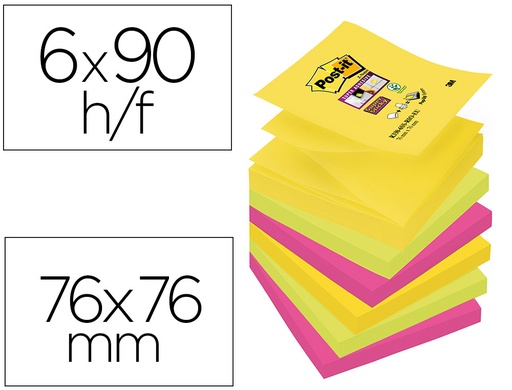 [75593] Bloc de notas adhesivas quita y pon post-it super sticky 76x76 mm con 90 hojas pack de 6 bloc colores surtidos