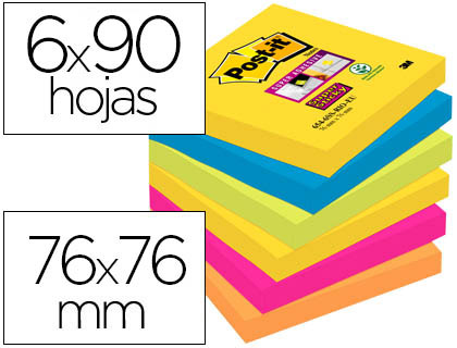 [75590] Bloc de notas adhesivas quita y pon post-it super sticky 76x76 mm con 90 hojas pack de 6 bloc colores surtidos