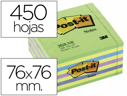 [46772] Bloc de notas adhesivas quita y pon post-it 76x76 mm cubo color azul y verde 450 hojas