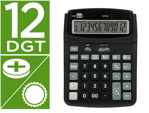 [166791] Calculadora liderpapel sobremesa xf39 12 digitos solar y pilas color negro 190x140x32 mm 40% reciclada