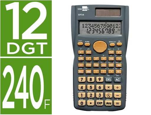 [163499] Calculadora liderpapel cientifica xf34 12 digitos 240 funciones con tapa solar y pilas color gris 156x85x20