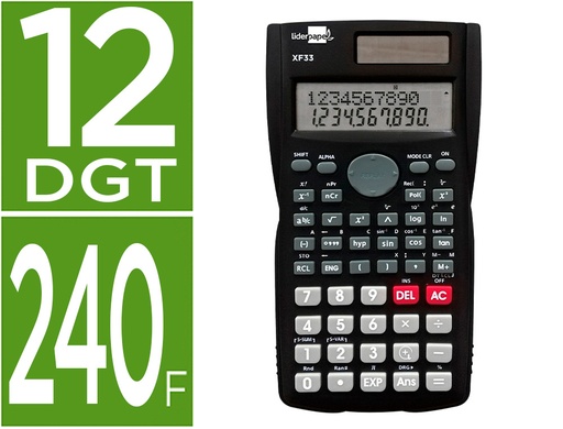 [163498] Calculadora liderpapel cientifica xf33 12 digitos 240 funciones con tapa solar y pilas color negro 156x85x20