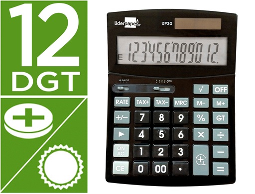 [163495] Calculadora liderpapel sobremesa xf30 12 digitos tasas solar y pilas color negro 190x140x30 mm
