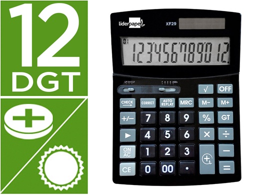 [163494] Calculadora liderpapel sobremesa xf29 12 digitos solar y pilas color negro 190x140x30 mm
