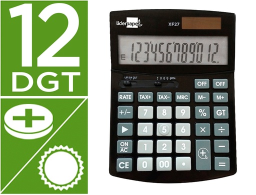 [163492] Calculadora liderpapel sobremesa xf27 12 digitos tasas solar y pilas color negro 155x115x25 mm