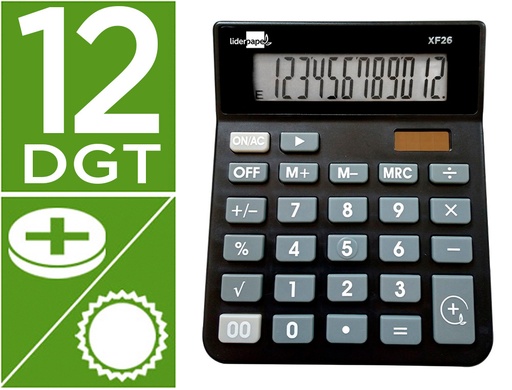 [163491] Calculadora liderpapel sobremesa xf26 12 digitos solar y pilas color negro 127x105x24 mm