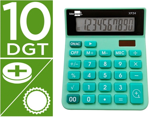 [163489] Calculadora liderpapel sobremesa xf24 10 digitos solar y pilas color verde 127x105x24 mm
