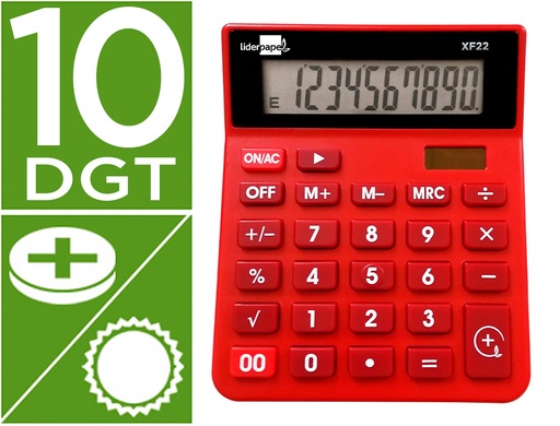 [163487] Calculadora liderpapel sobremesa xf22 10 digitos solar y pilas color rojo 127x105x24 mm