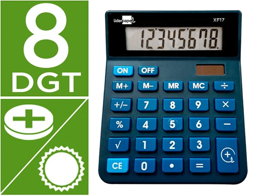 [163482] Calculadora liderpapel sobremesa xf17 8 digitos solar y pilas color azul 127x105x24 mm