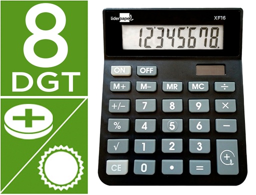 [163481] Calculadora liderpapel sobremesa xf16 8 digitos solar y pilas color negro 127x105x24 mm