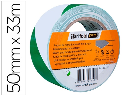 [165438] Cinta adhesiva tarifold seguridad para marcaje y señalizacion de suelo 33 mt x 50 mm color blanco/verde