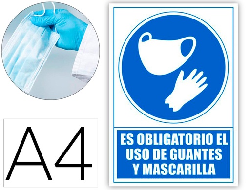 [160641] Pictograma archivo 2000 obligatorio el uso de guantes y mascarilla pvc color azul 210x297 mm