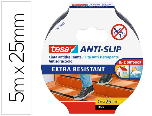 [160533] Cinta antideslizante adhesiva tesa uso interior / exterior color negro 5 mt x 25 mm