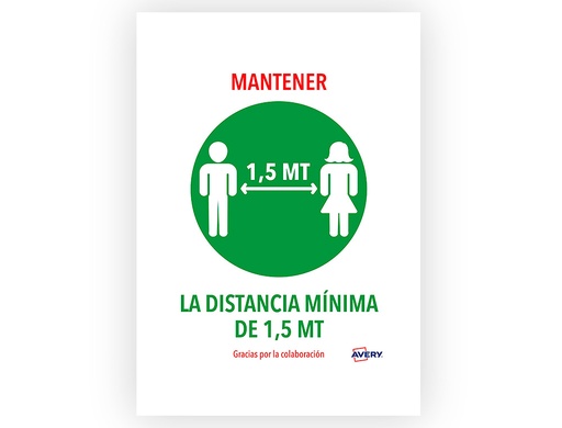[159595] Señal adhesiva avery mantener distancia minina de 1,5 mt din a4 resistente a los rayos uv pack de 2 unidades