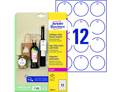 [170824] Etiqueta colgante avery blanca 60 mm diametro imprimible doble cara carton 220 gr pack de 120 unidades