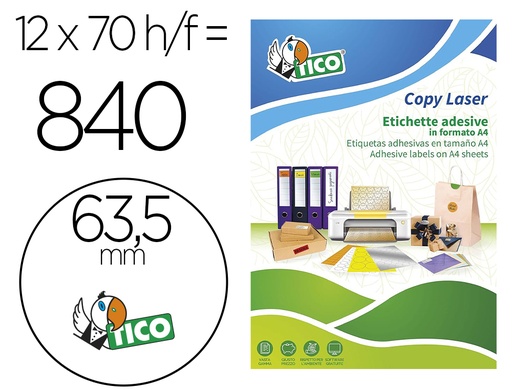 [169483] Etiqueta adhesiva tico amarill o fluorescentes permanente fsclaser/inkjet/fotocopia redonda63,5 mm caja de 840 unidades